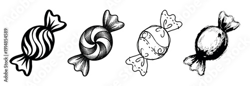 Four black and white hand drawn candies in a row show different artistic styles, from bold graphic and cross-hatch to doodle sketch and grunge ink illustration for a design set