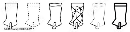 Set of six black line art tabi sock icons in various styles like solid, dashed, dotted, hand-drawn, and a geometric pattern for modern graphic design elements