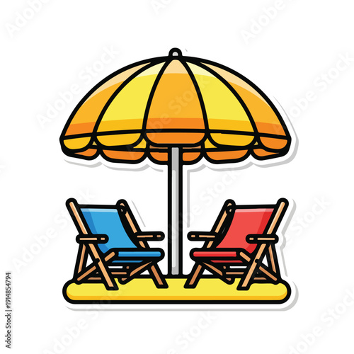 Two deck chairs and a beach umbrella on a sandy beach viewed from the front