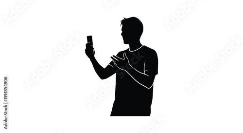 A black silhouette of a man taking a selfie with a smartphone presented on transparent background silhouette high quality professional detailed