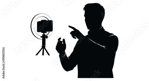 A man gesturing towards a camera on a tripod depicted in a striking black silhouette on transparent background high quality professional
