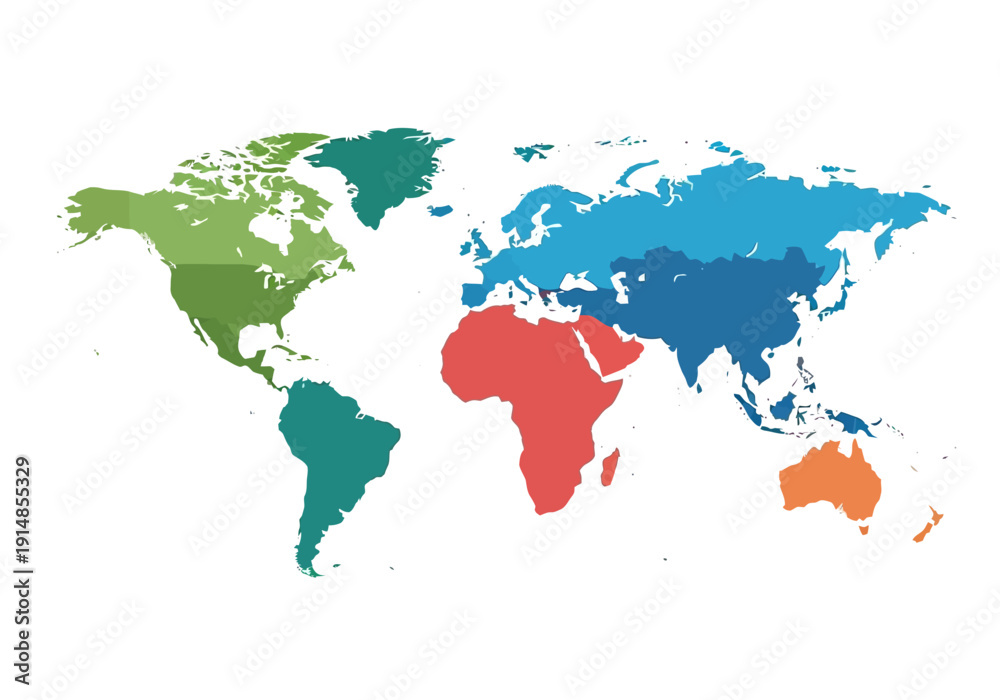 Obraz premium A colorful map of the world highlighting different continents and countries from a global perspective.