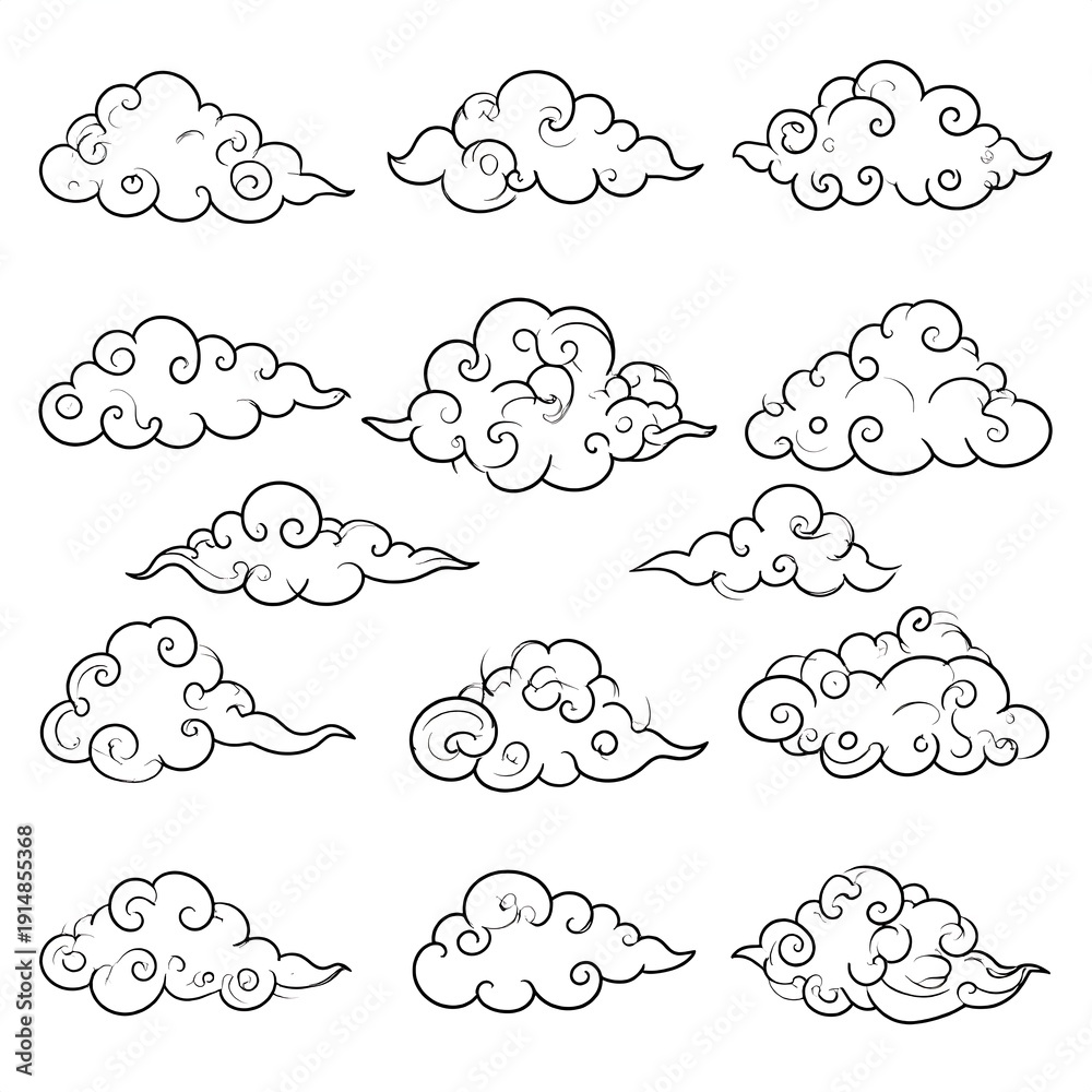 Fototapeta premium Black and white illustration with twelve stylized cumulus clouds, each showing unique swirling patterns. Vector image on white background