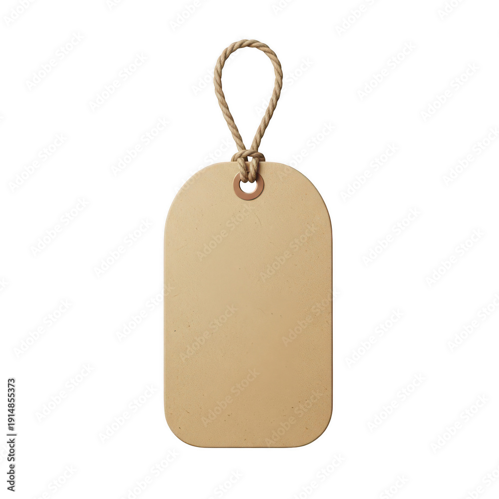 Fototapeta premium A beige tag with a string loop hanging from the top against a white background isolated on transparent background