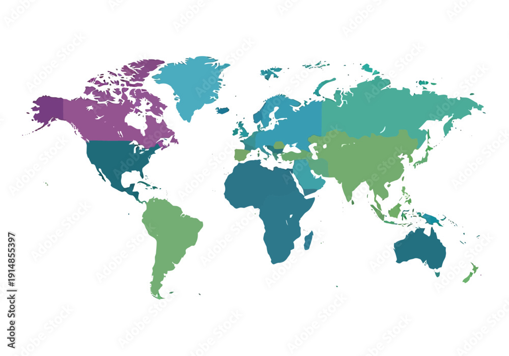 Obraz premium A colorful world map highlighting different regions and countries in various shades of blue and green with some areas in purple on a white background.