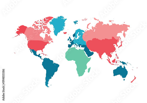 A colorful world map illustration highlighting different regions in various vibrant colors from a top-down viewpoint