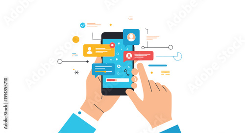 Hands Holding Smartphone with Chat Messages and Notifications