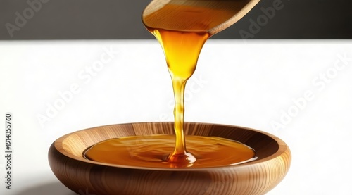 Close-up of honey pouring into a wooden bowl, with droplets around it. A warm, natural composition suitable for culinary, wellness, and eco-friendly projects.