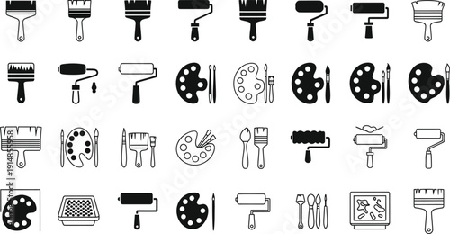 Collection of black and white icons representing various art supplies and tools.