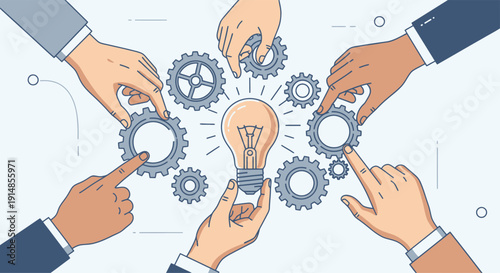 Collaborative teamwork around gears and light bulb symbol