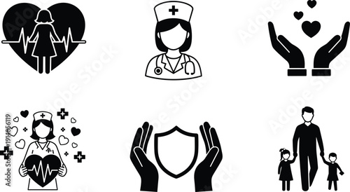 Black vector icon set of healthcare symbols including nurse professional medical heart rate insurance shield hands and family for clinic hospital and wellness branding