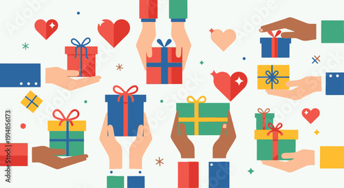 Diverse hands exchanging colorful gift boxes in celebration scene