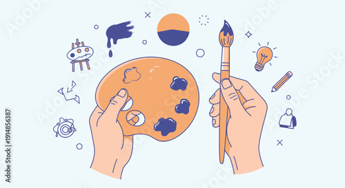 Painter Hands with Palette and Brush Creating Art on Light Blue Background