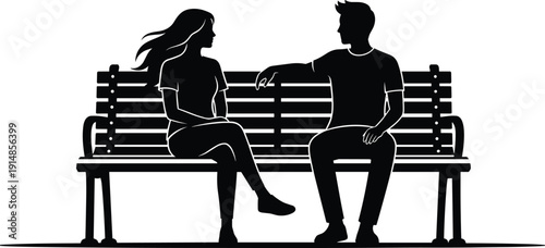 Black vector silhouette of a young man and woman sitting on a park bench talking for romance friendship dating and outdoor lifestyle branding design
