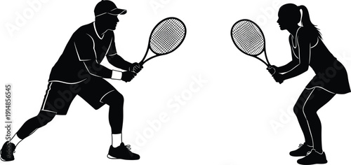 Black vector silhouette of male and female tennis players in action with rackets for sports competition fitness training and active lifestyle branding 