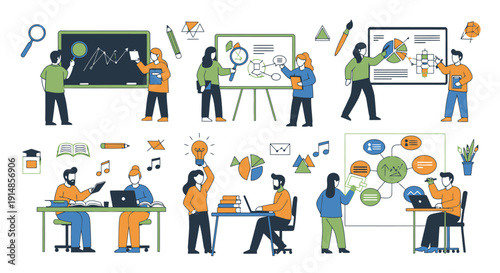 Team of students and professionals collaborating in a classroom and office setting