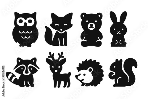 Whimsical Animal Icons. Whimsical animals. Filled icon set of Whimsical animals: owl, fox, bear, rabbit,