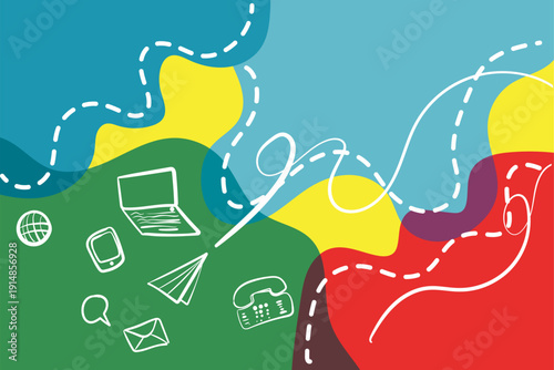 Abstract illustration of communication and technology with hand-drawn icons on a colorful background