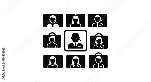 A grid of nine black silhouettes depicting various people with headsets ideal for communication icons on transparent background high quality professional