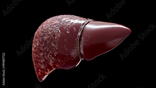 Fatty liver disease and liver cancer concepts illustrate anatomy of damaged human liver with abnormal tissue or lumps of fat. for medical education. 3D render on black background and green screen.
