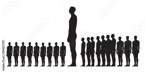 Crowd of people vector silhouettes group of standing individuals with one large figure on white background