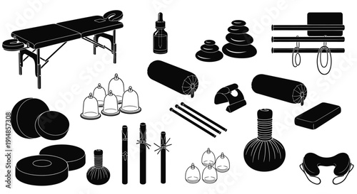 Massage Therapy and Spa Equipment Icons Vector