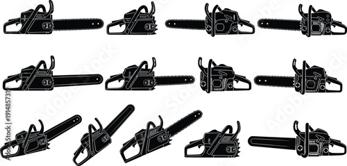 Chainsaw silhouettes collection, forestry power tool vector set isolated on white background, lumberjack equipment illustration for logging, construction and woodworking design