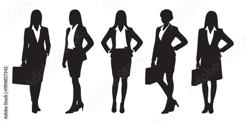 Businesswomen in formal suits with briefcases posing confidently representing corporate professionals on isolated white background