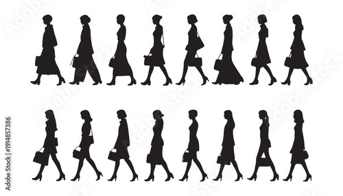 Collection of walking female silhouettes in formal business attire with handbags representing corporate professionals on white