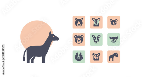 Minimalist animal icons with a llama and other animal faces in a playful graphic design
