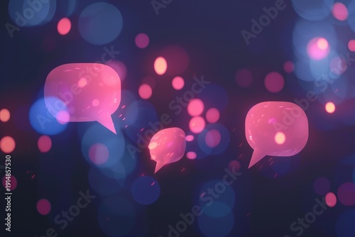 Pink speech bubbles floating on a dark background with colorful bokeh, representing online communication and social media discussions