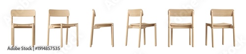 Set of modern wooden dining chair isolated on transparent background, scandinavian furniture.