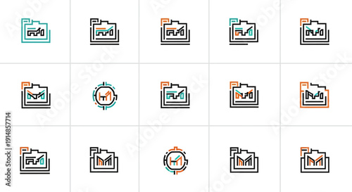 Minimalist graphic icons depicting data analysis and information storage in a grid