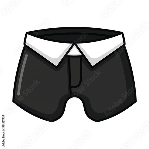 Graphic illustration of black swim shorts with white trim, isolated on a transparent background from a front viewpoint