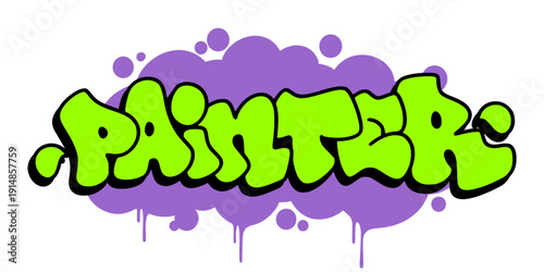 Vibrant graffiti throw up PAINTER in bubbly urban street art style. Green bubble letters with purple drip effect for professional painters and art studios.