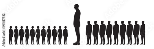 A single tall figure stands out among a crowd of smaller business people, representing uniqueness and leadership.