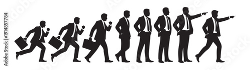 Evolution of a businessman, from running with briefcase to confident leadership, signifying growth and career.