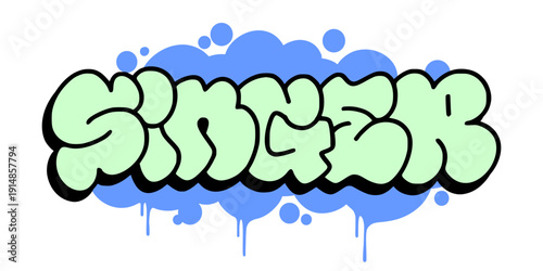 Colorful graffiti throw up SINGER in bubbly urban street art style. Vibrant light blue bubble letters for music branding and hip hop apparel design.