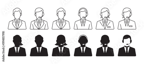 Telemarketing service staff icons showing support agents with microphones in linear and solid black styles