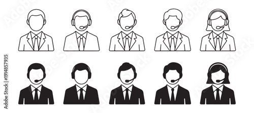 Call center operator icons in line art and silhouette styles featuring headsets for customer service agents