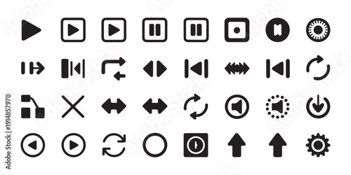 Collection of black vector icons for media playback and user interface controls on white background