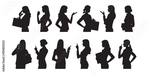 Set of black silhouettes of women holding bags and making various gestures on a white background