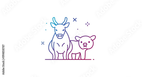Minimalist animal artwork depicting a bovine and piglet, with a gradient effect