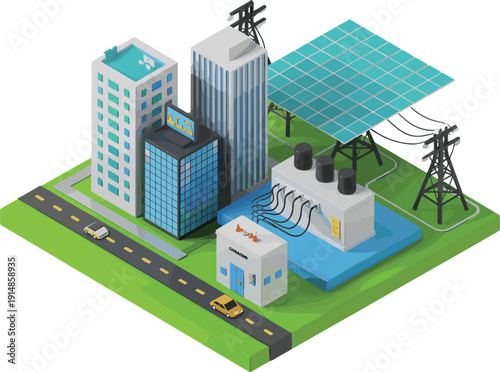 Isometric renewable energy city block with solar farm power station modern buildings and smart electrical infrastructure illustration