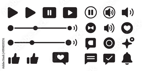 Media player buttons, volume sliders, and social media icons in black on a white background, isolated vector set