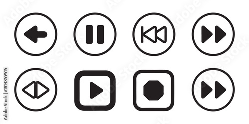 Black and white vector set of isolated media player control icons including arrows, pause, and stop