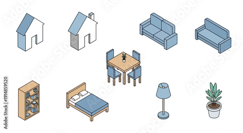 Isometric illustration of interior elements including houses, furniture, and plants in a simple