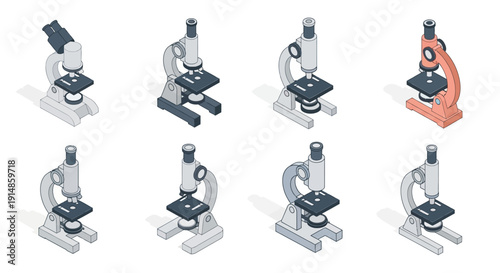 Isometric microscope illustrations showcasing scientific exploration and medical research, isolated