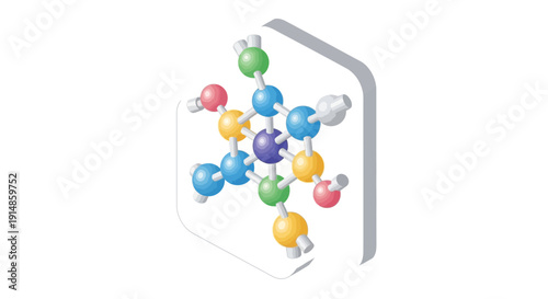 Isometric representation of molecular structure in a science-themed illustrative graphic