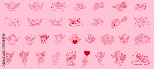 Hand Drawn Cupid and Angels Set for Valentine’s Day, Romantic Cherubs with Roses and Bouquets, Flying and Sleeping Cupids with Love Arrows and Bows, Heart and Cross, White Doves